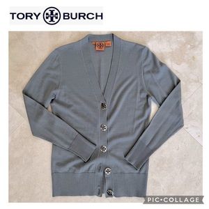 Tory Burch Light Weight Wool Cardigan with Silver Logo Buttons